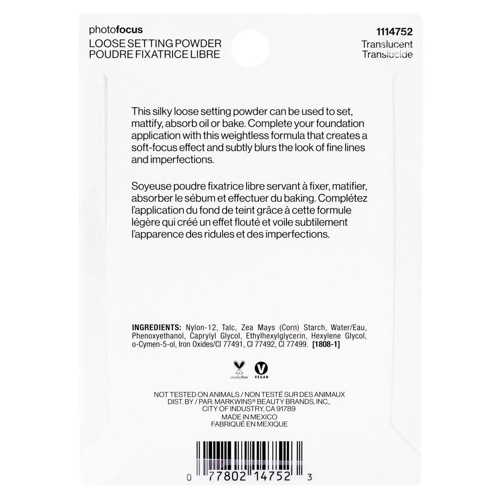 Wet n wild | Photo Focus Loose Setting Powder | Backside of packaging, with no background