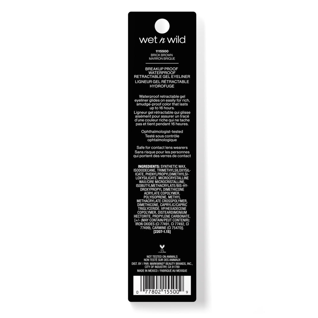 wet n wild | Breakup Proof Waterproof Retractable Gel Eyeliner- Brick Brown | Backside of packaging