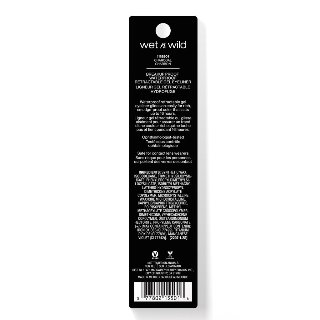 wet n wild | Breakup Proof Waterproof Retractable Gel Eyeliner- Charcoal | Backside of packaging