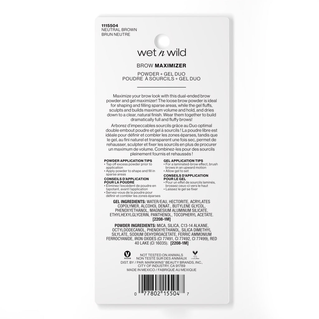 Wet n wild | Ultimate Brow Brow Maximizer Powder + Gel Duo- Neutral Brown | Backside of packaging with no background