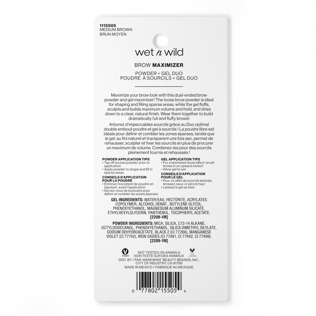 Wet n wild | Ultimate Brow Brow Maximizer Powder + Gel Duo- Medium Brown | Backside of packaging with no background