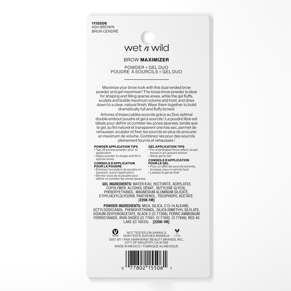 Wet n wild | Ultimate Brow Brow Maximizer Powder + Gel Duo- Ash Brown | Backside of product with no background