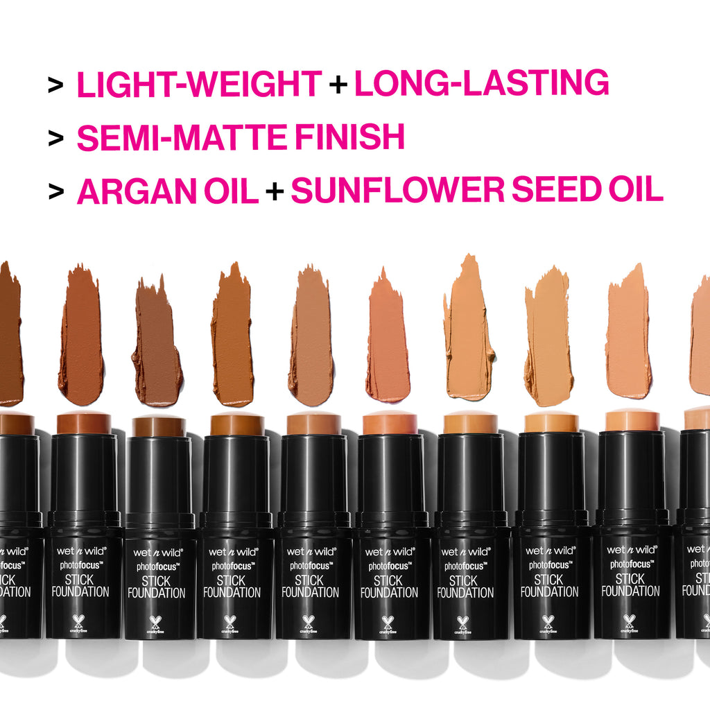 Wet n wild | Photo Focus Stick Foundation | Products front facing cap off, with product swatch, with product description background
