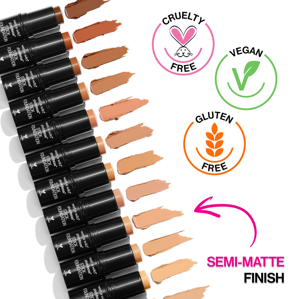 Wet n wild | Photo Focus Stick Foundation | Products front facing cap off, with product swatch, with product description background