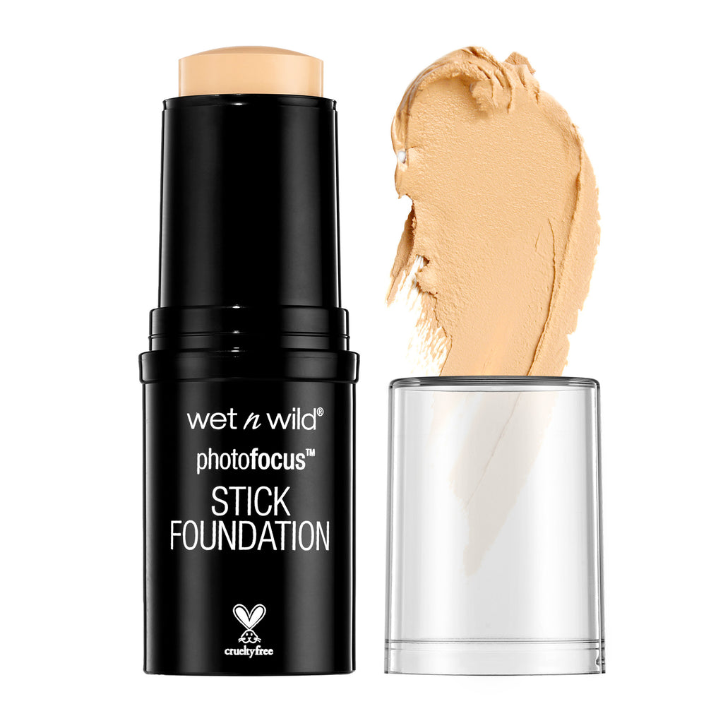 Wet n wild | Photo Focus Stick Foundation | Product front facing cap off, product swatch with no background