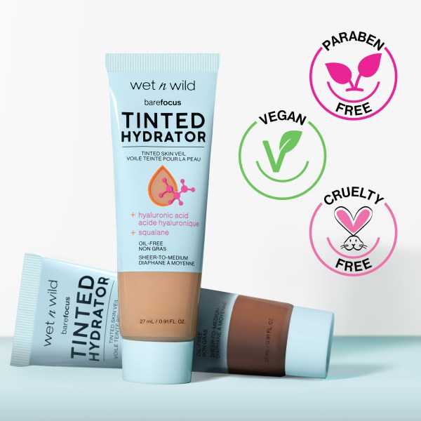 Wet n wild | Bare Focus Tinted Hydrator Tinted Skin Veil | Product front facing lid closed, with description background