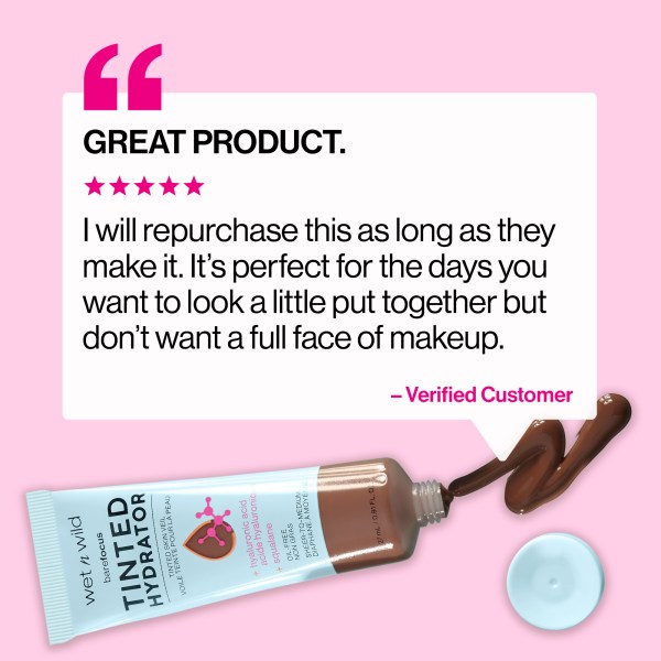 Wet n wild | Bare Focus Tinted Hydrator Tinted Skin Veil | Product front facing, with customer review background