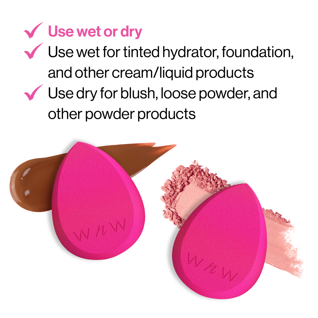 wet n wild | DOUBLE TAP MAKEUP SPONGE 2 PACK | product with makeup swatches, detail background