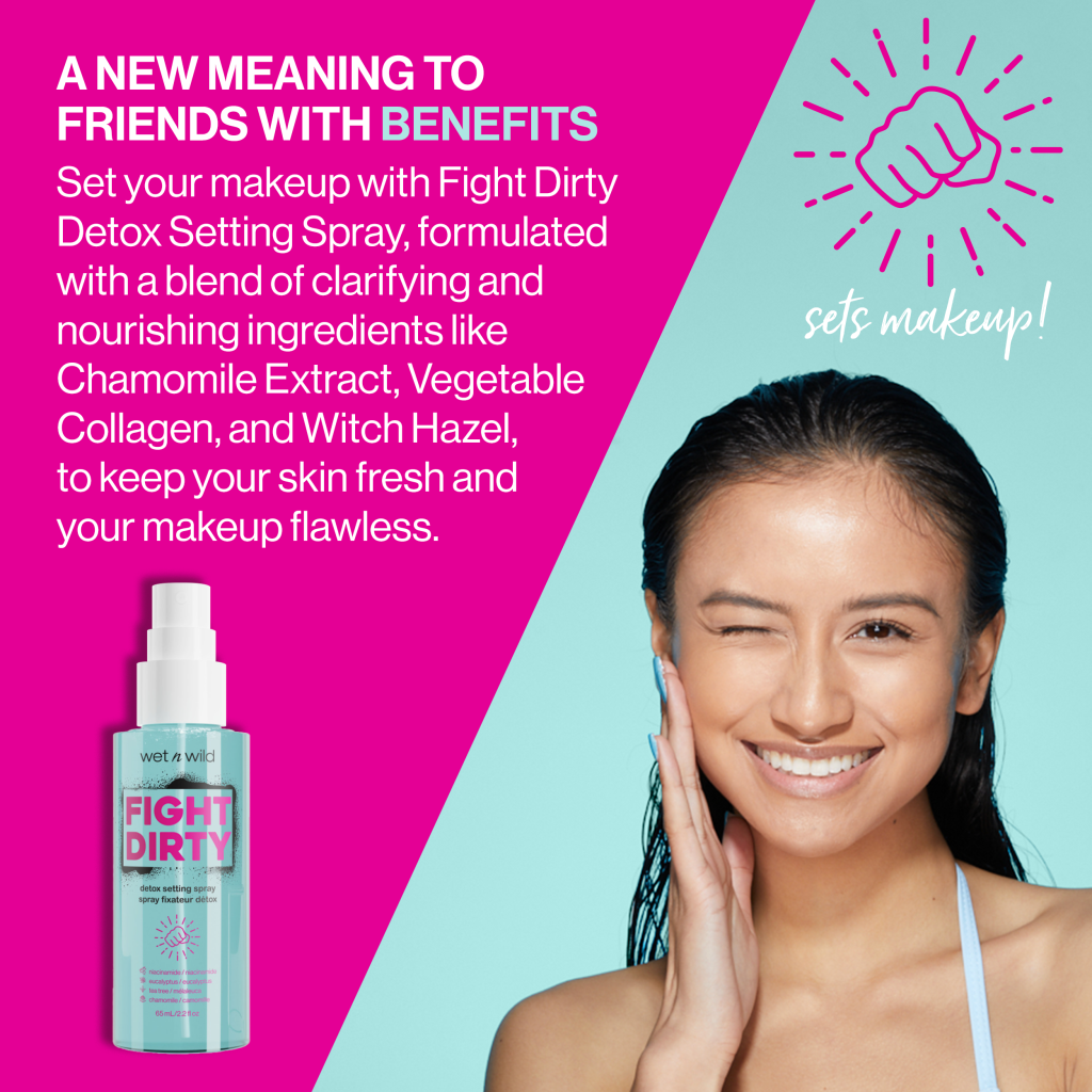 wet n wild | FIGHT DIRTY DETOX SETTING SPRAY | model with product, colorful background 