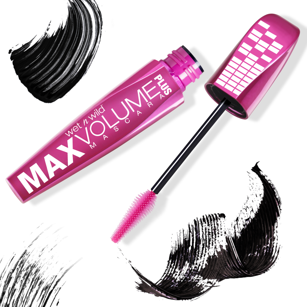 wet n wild | MAX VOLUME PLUS WATERPROOF MASCARA | Product facing forward, cap off, swatches background