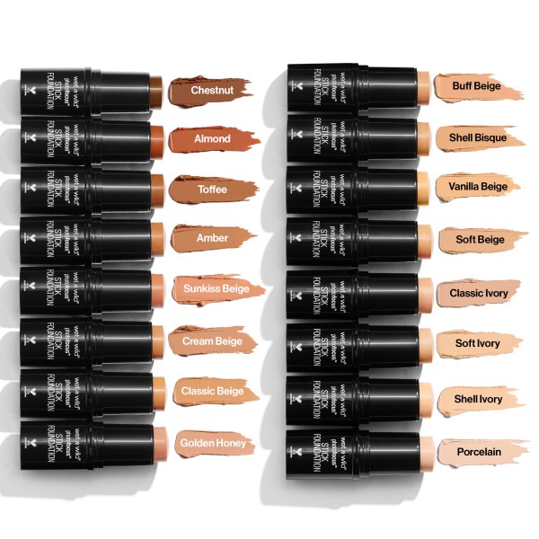 Wet n wild | Photo Focus Stick Foundation | Products front facing cap off, with product swatch and shade names,with no background