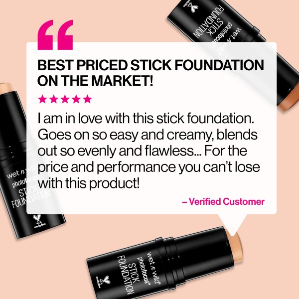 Wet n wild | Photo Focus Stick Foundation | Product front facing, with customer review background