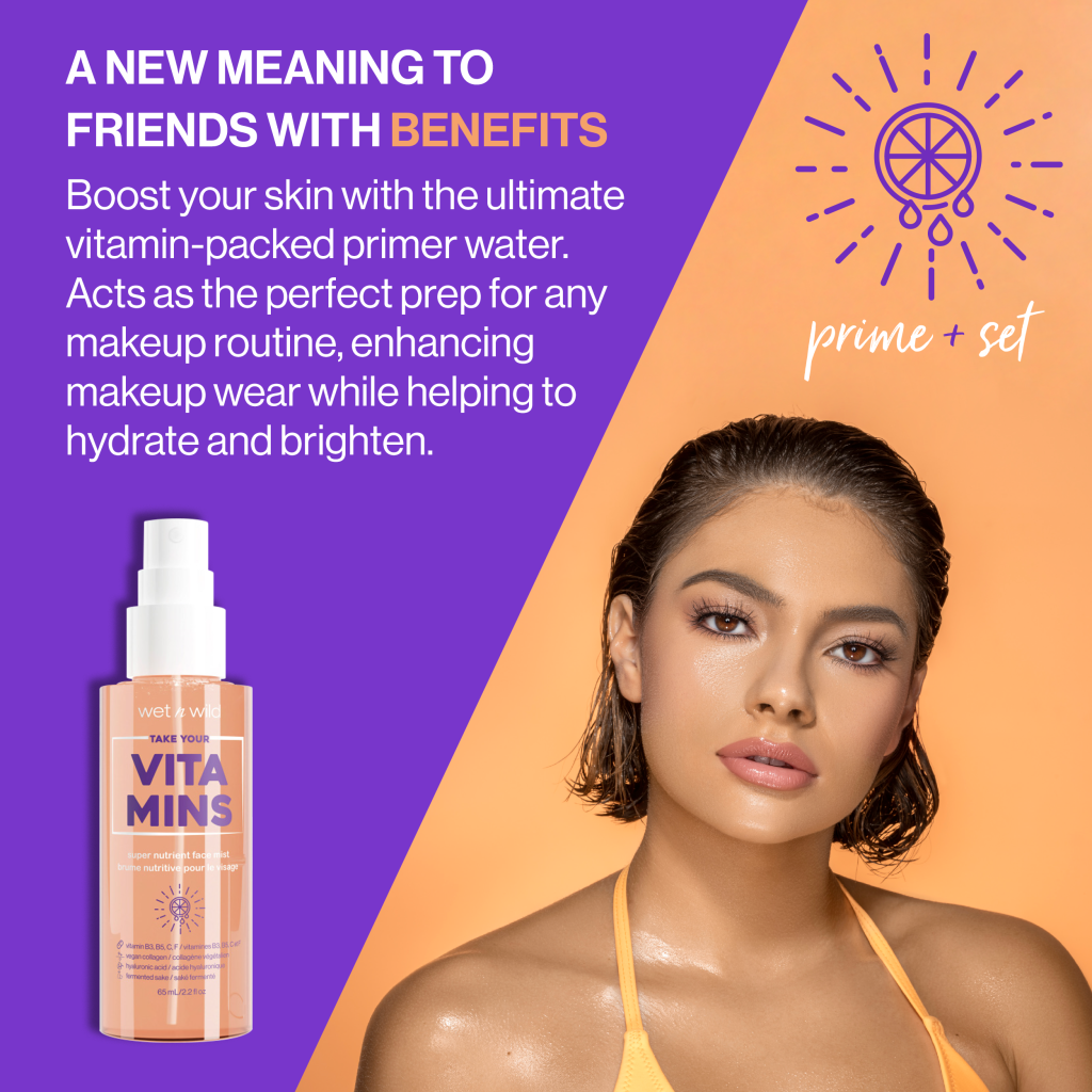 wet n wild l TAKE YOUR VITAMINS SUPER NUTRIENT FACE MIST l Product front facing with model next to the product, color background