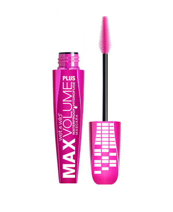 Wet n wild | MAX VOLUME PLUS™ WATERPROOF MASCARA -AMP’D BLACK | Product front facing cap removed, with no background