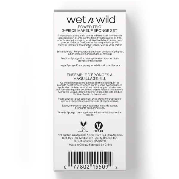 Wet n wild | Power Trio 3-Piece Makeup Sponge Set | Backside of packaging