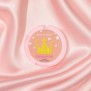 Wet n wild | Pampered Blush | Product front facing lid closed, with pink satin background