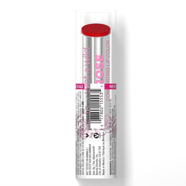 Wet n wild | Rose Comforting Lip Color- Cherry Syrup | Product front facing cap on, with no backgroundWet n wild | Rose Comforting Lip Color- Cherry Syrup | Product back facing cap on, with no background