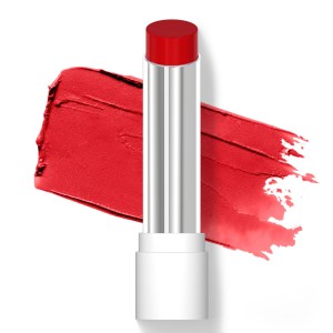 Wet n wild | Rose Comforting Lip Color- Cherry Syrup | Product front facing cap off, with product swatch background