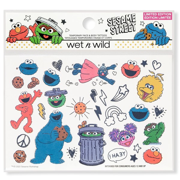 Wet n wild | Sesame Street Temporary Tattoos | Product front facing in packaging, with no background
