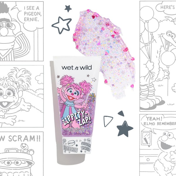 Wet n wild | Zippity-Zap! Glitter Gel | Product front facing cap on, with product swatch, cartoon background