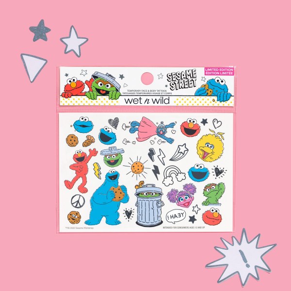 Wet n wild | Sesame Street Temporary Tattoos | Product front facing in packaging, with background