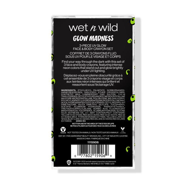 Wet n wild | Glow Madness 3-Piece UV Glow Face & Body Crayon Set | Backside of packaging, with no background