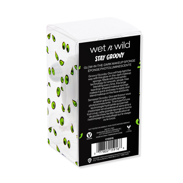 Wet n wild | Stay Groovy Glow-in-the-Dark Makeup Sponge | Backside of packaging, angle, with no background