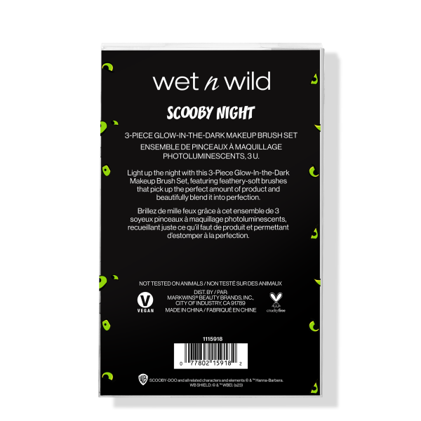 Wet n wild | Scooby Night 3-Piece Glow-in-the-Dark Makeup Brush Set | Backside of packaging, with no background