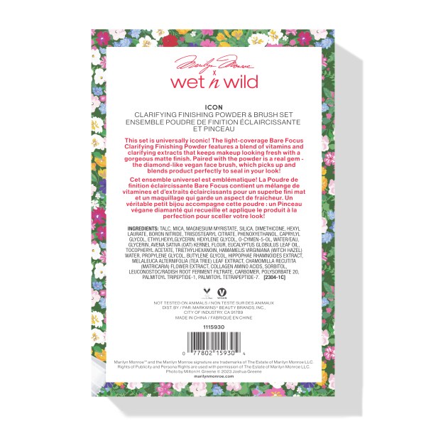Wet n wild | Icon Clarifying Finishing Powder & Brush Set | Backside of packaging, with no background