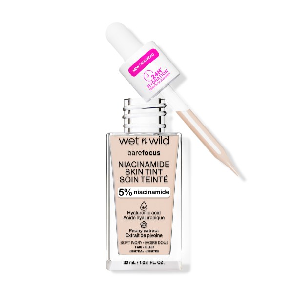 Wet n wild | Bare Focus Niacinamide Skin Tint | Product front facing cap off, with doppler, with no background
