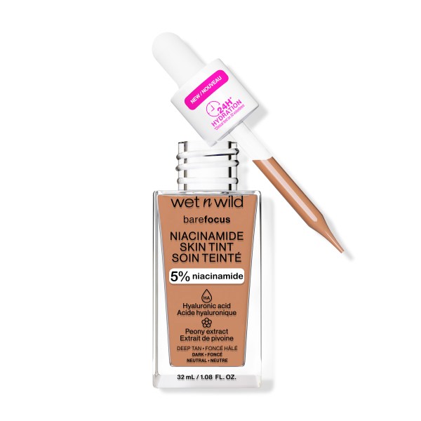 Wet n wild | Bare Focus Niacinamide Skin Tint | Product front facing cap off, with doppler, with no background