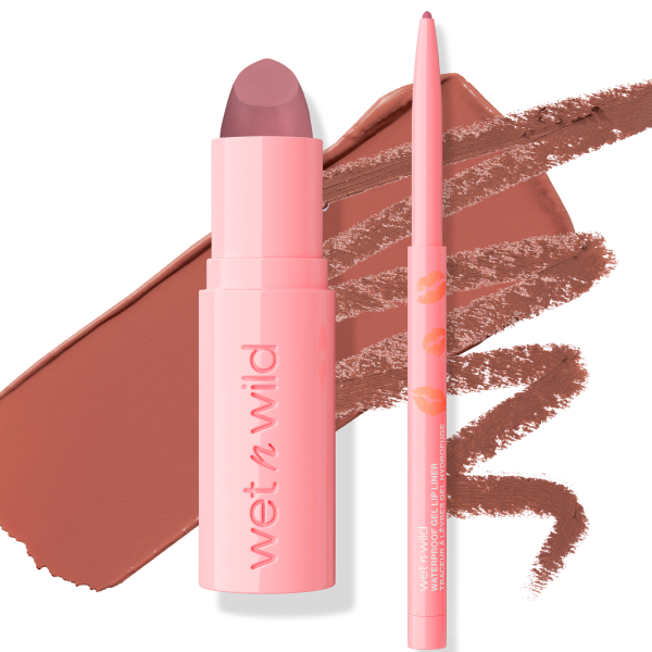 Wet n wild | Date Or Dominate Lipstick & Liner Set- Date & Tell | Product front facing cap off, with swatch