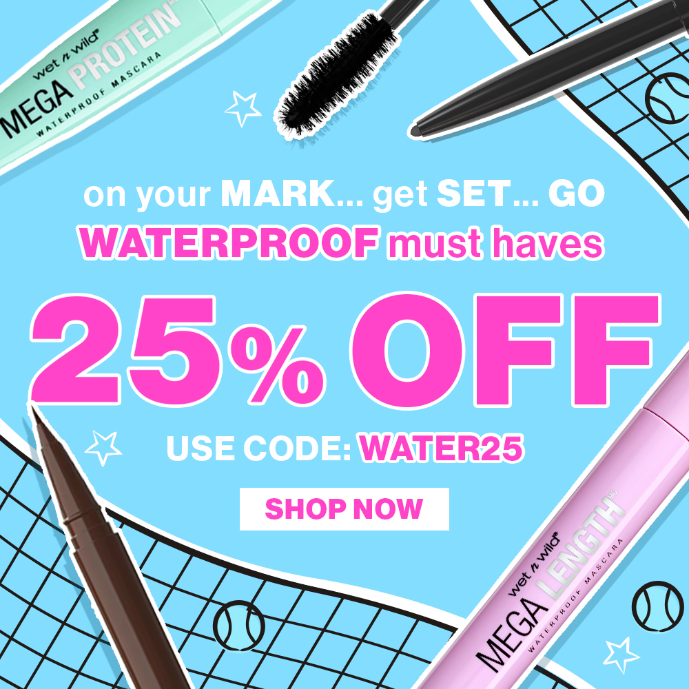 25% OFF ALL WATERPROOF PRODUCTS  CODE: WATER25  Disclaimer: Use Code: WATER25 during checkout to receive 25% off Water Proof category while supplies last! Promotional price reflected at checkout. Excludes Sale, Bundles, and Collection Boxes. Please note that this offer cannot be combined with any other offer and may not be used towards prior purchases, taxes, or shipping fees. wet n wild reserves the right to end or modify this promotion at any time. The offer expires on 6/7/2024 at 11:59 pm PST.